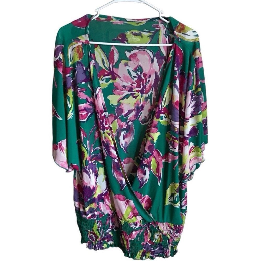 Lane bryant green Floral Print blouse top SZ 26/28 elastic bottom